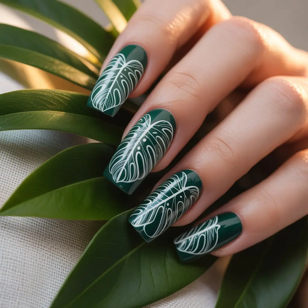 Tropical Monstera White Ink Nails