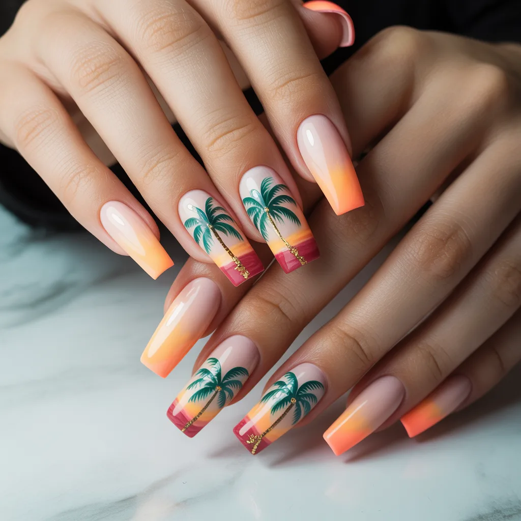 Tropical Palm Tree Accent Nails