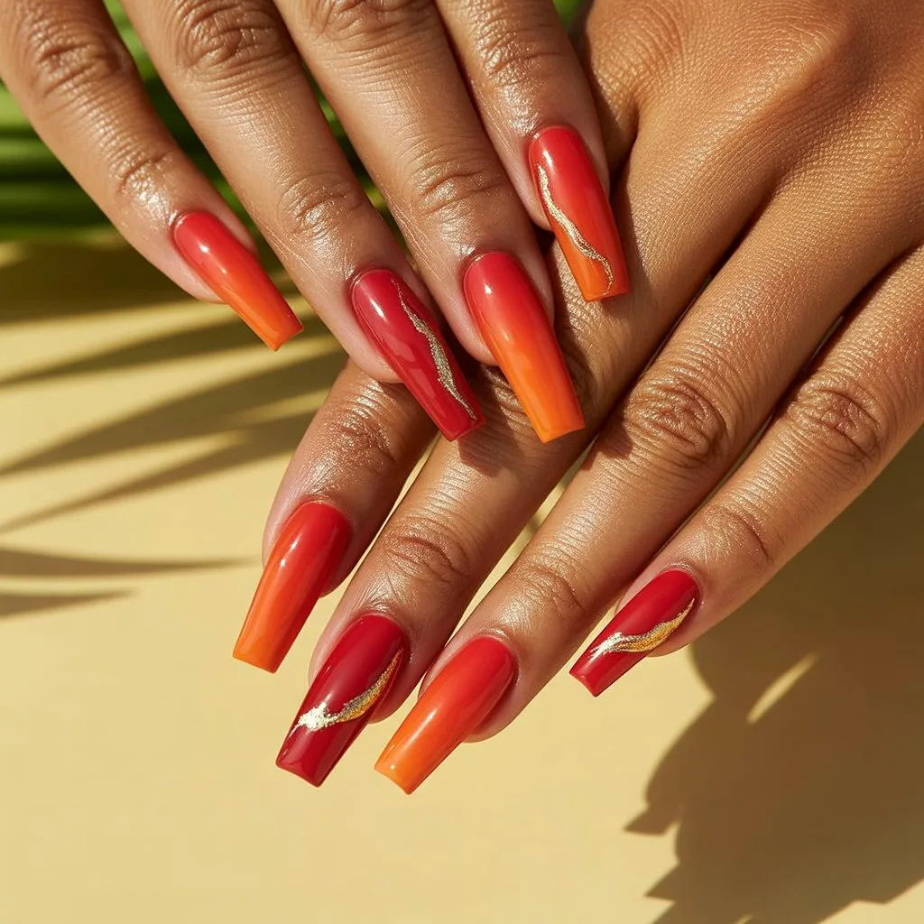 Tropical Sunset Red Ombre Nails