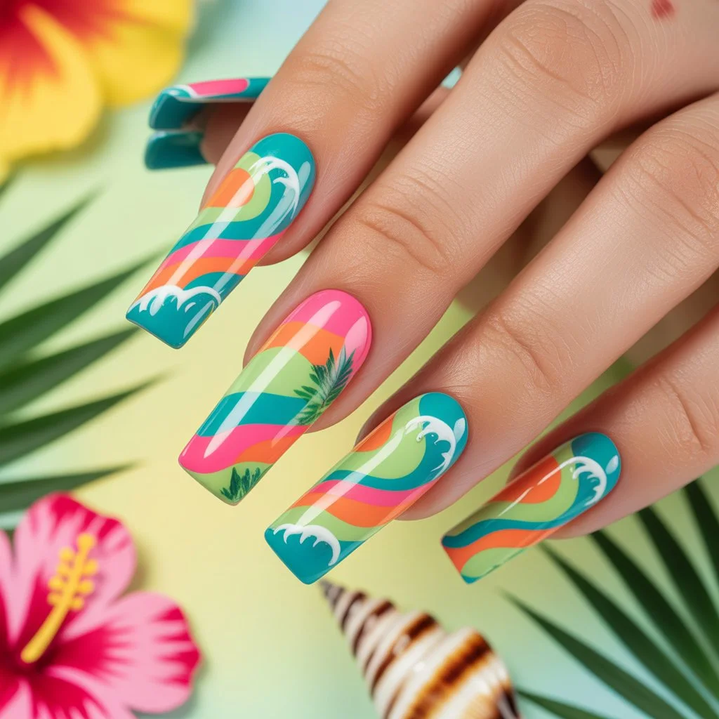 Tropical Wave Stripe Nails