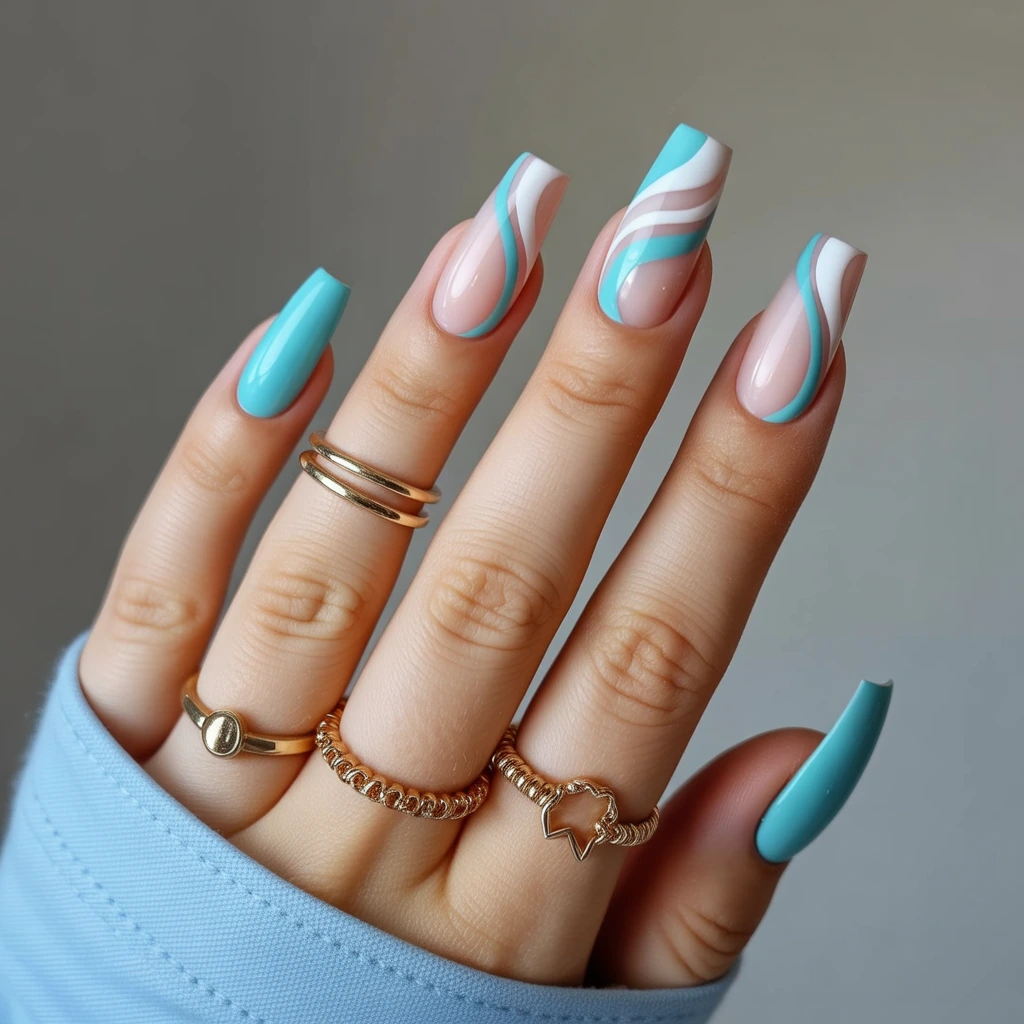 Turquoise & White Abstract Waves Nail