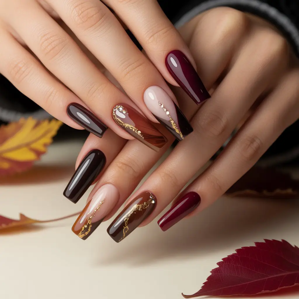 Walnut-Burgundy Fusion Nails
