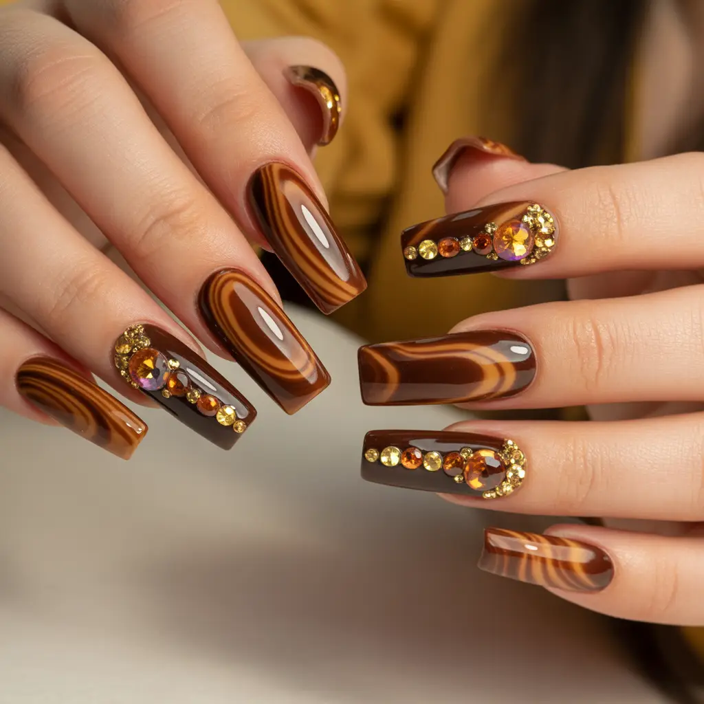 Walnut Swirl Gem Nails