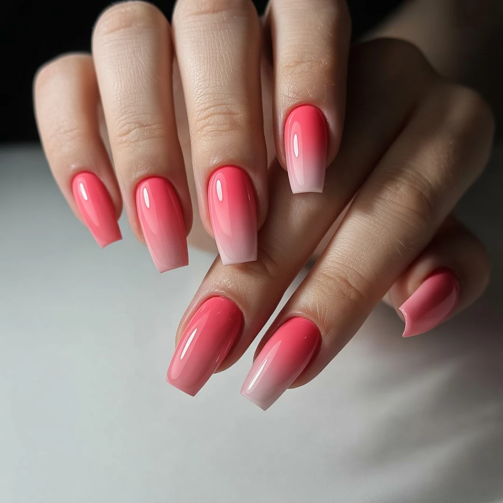 Watermelon Pink Gradient Ombre Nails