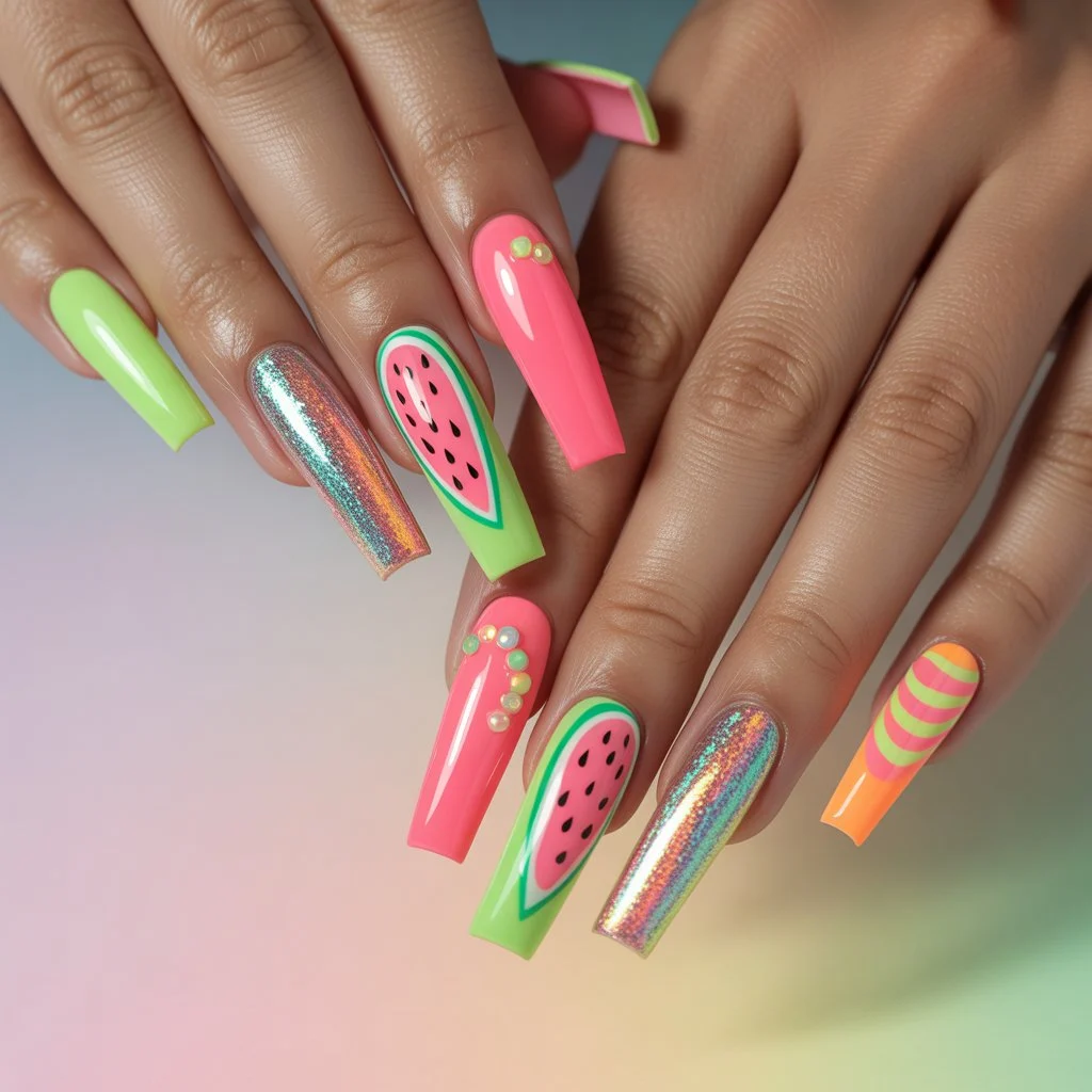 Watermelon Pop Funk Nails