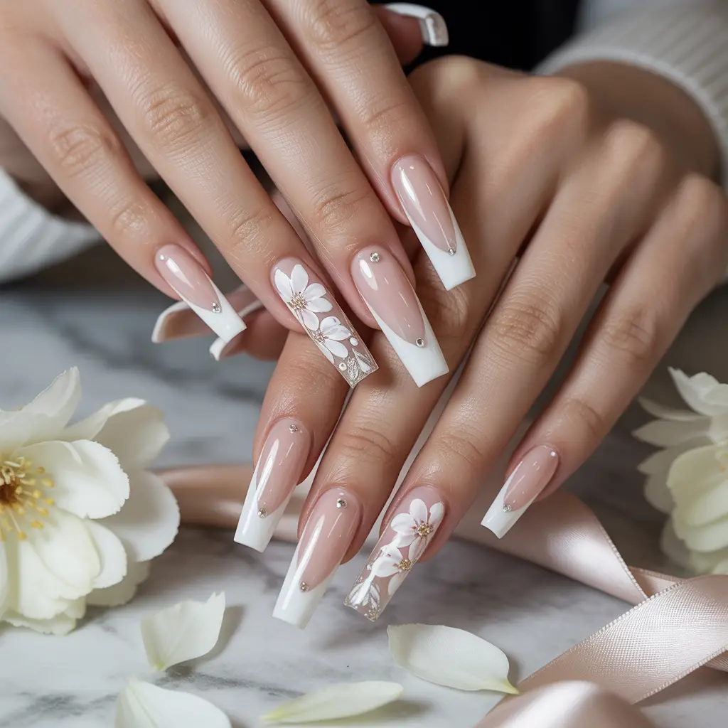 White Blossom Accent Nails