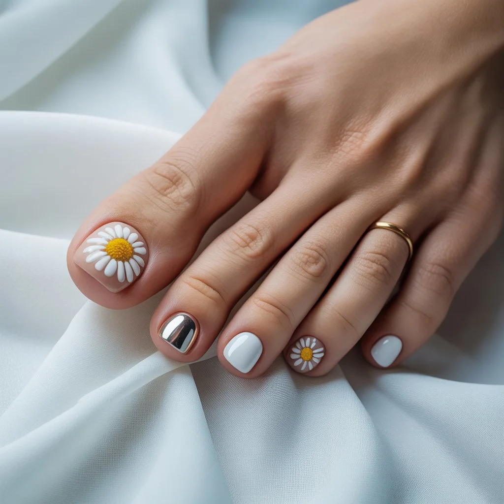 White Daisy Accent Toe Nails