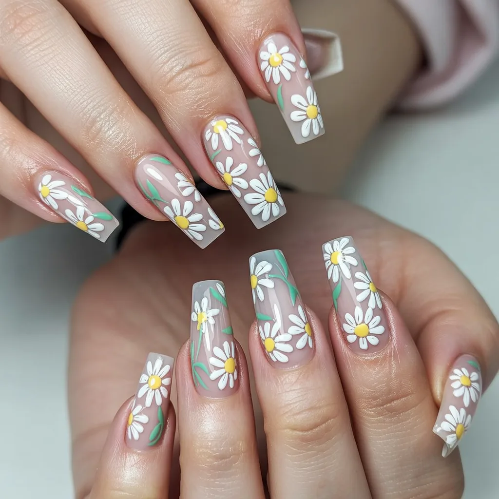 White Daisy Confetti Nails
