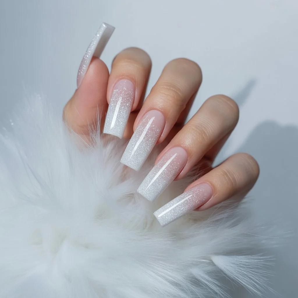 White Glitter Dust French Fade Nails