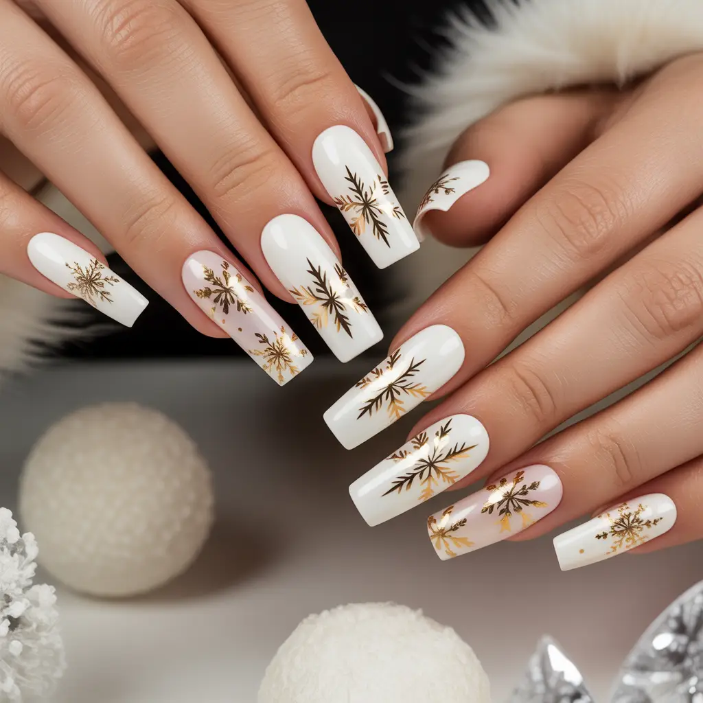 White & Gold Snowflake Nails