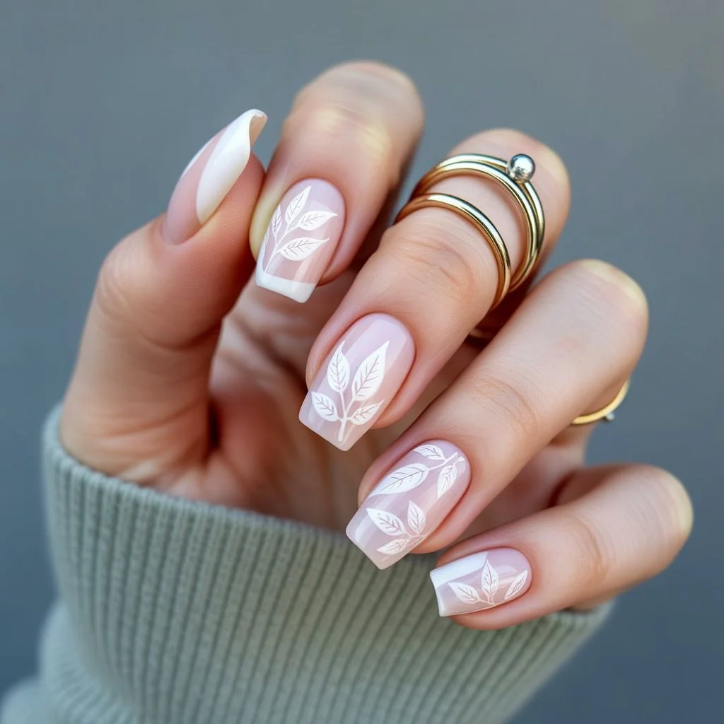 White Pressed Leaf Acrylic Look Nails
