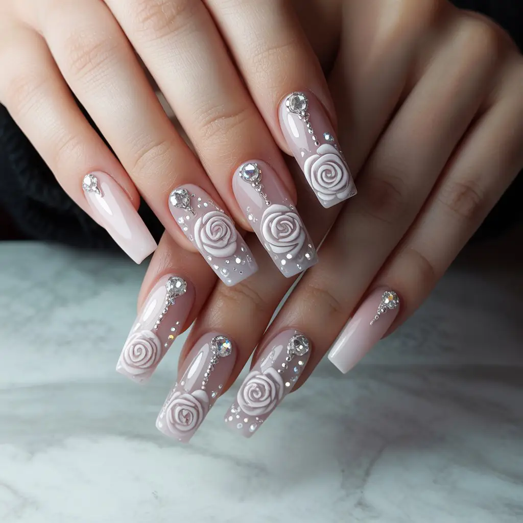 Winter Blush Crystal Accent Nails