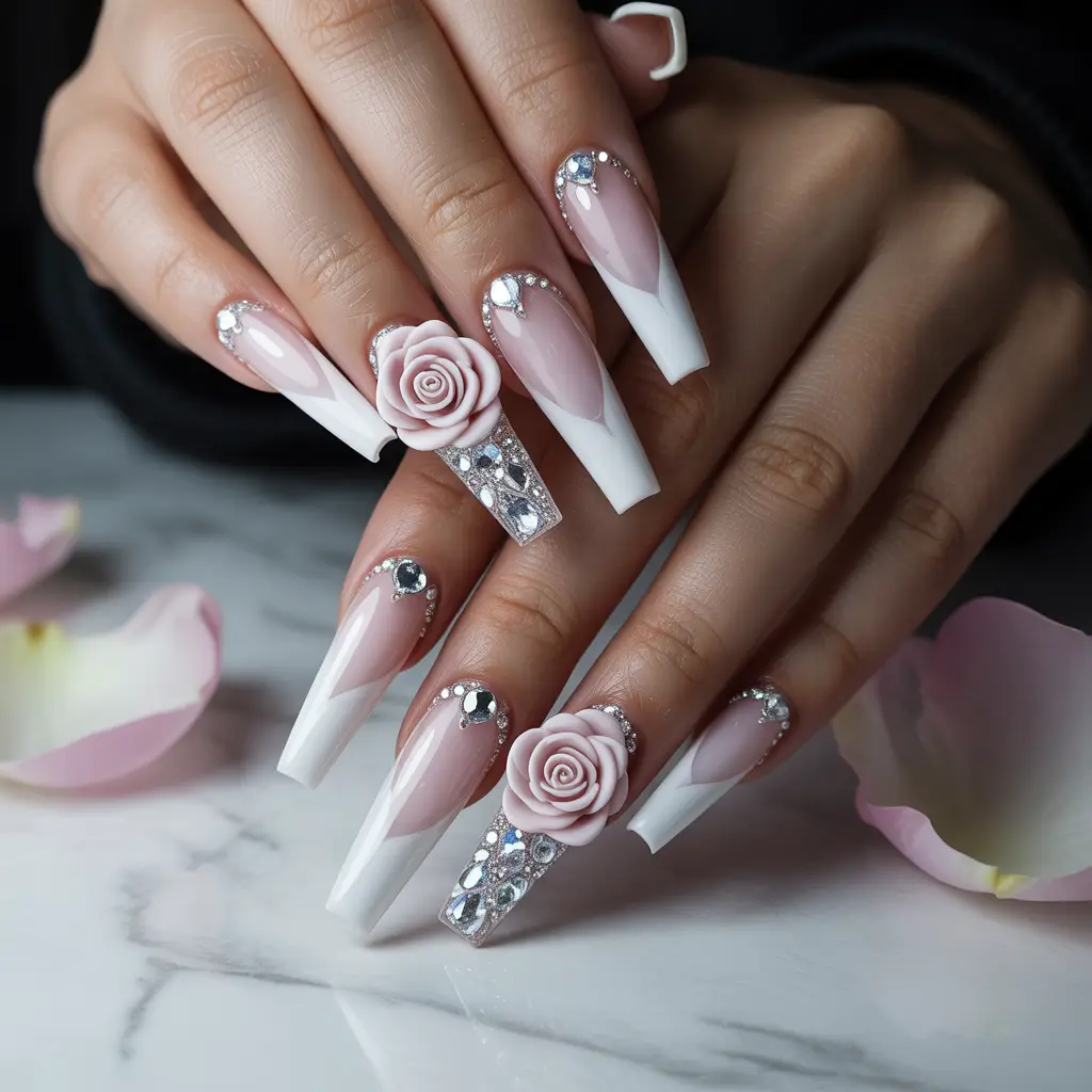 Winter Rose Diamond Nails