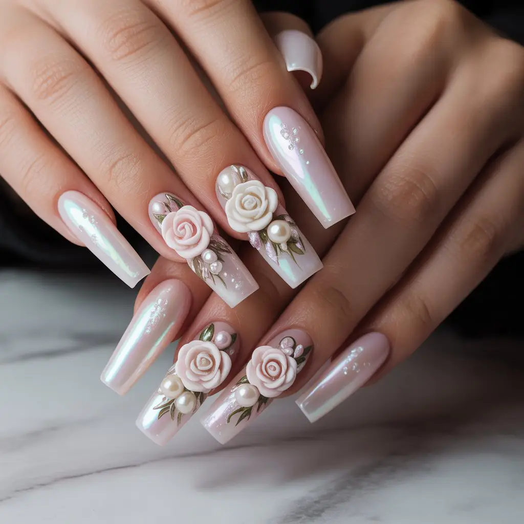 Winter Rose Pearl Nails