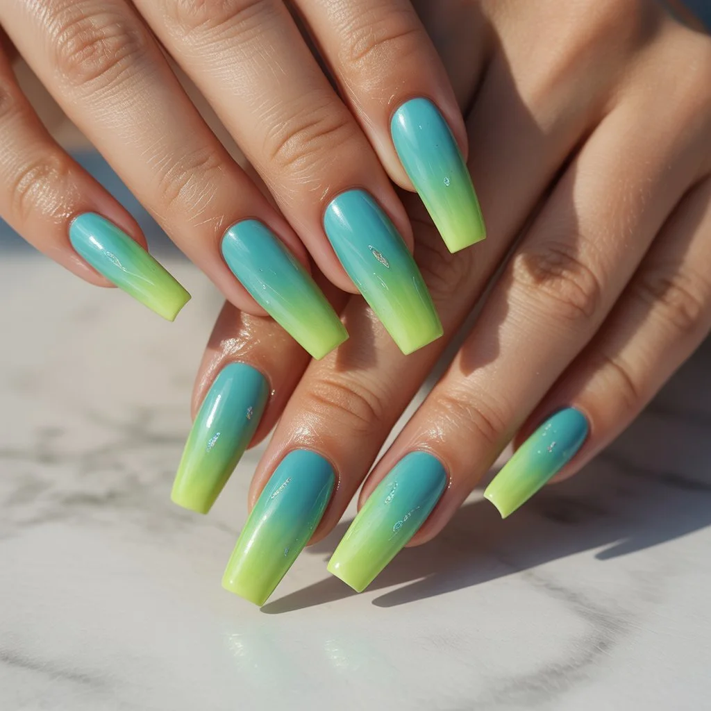 Aqua-to-Lime Fresh Fade Nails