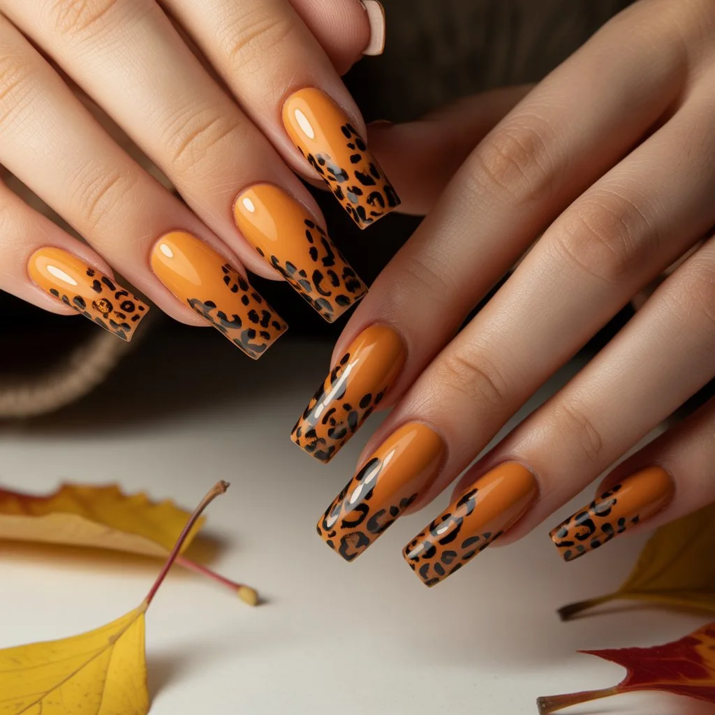 Autumn Orange Cheetah Tips Nail
