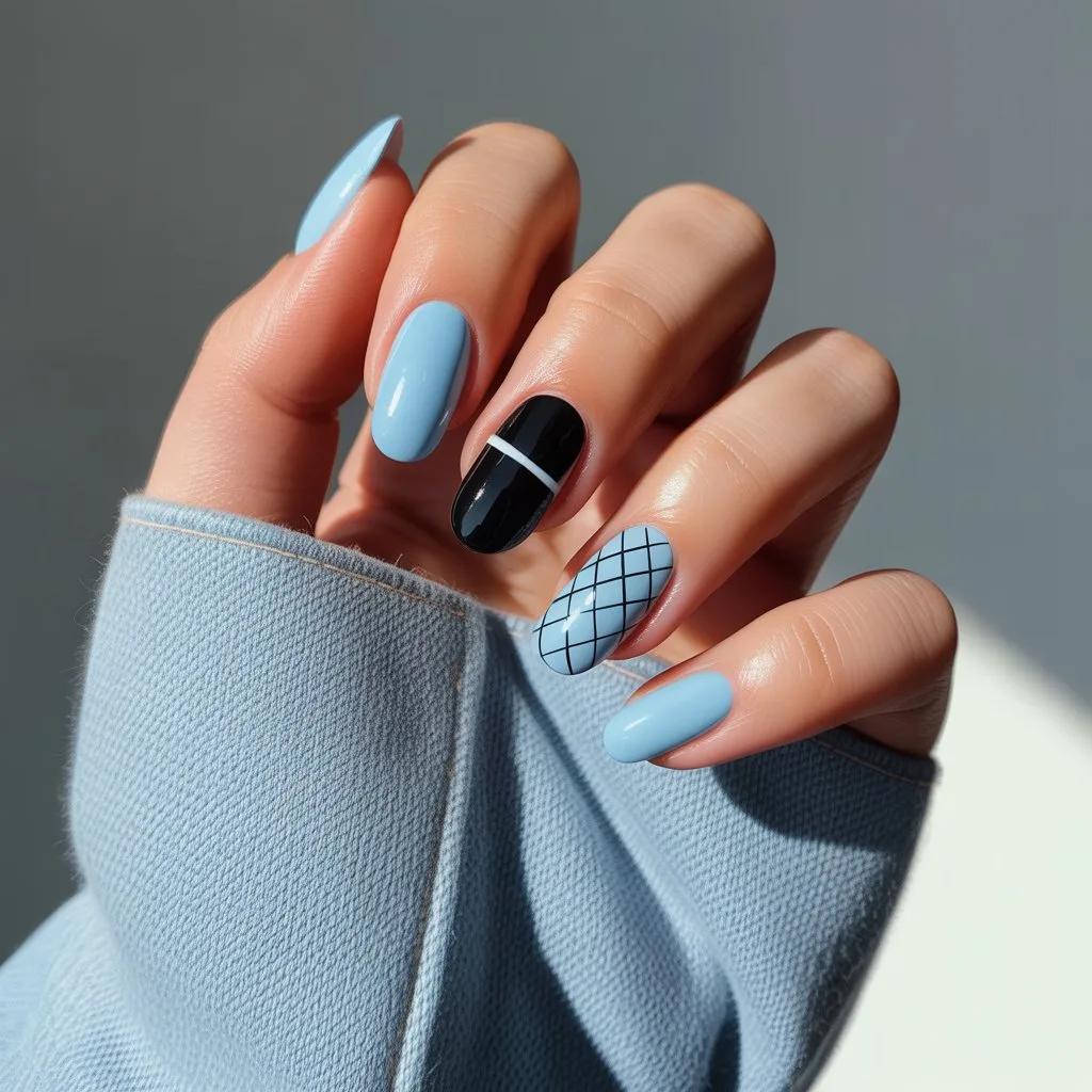 Baby Blue & Black Graphic Nails