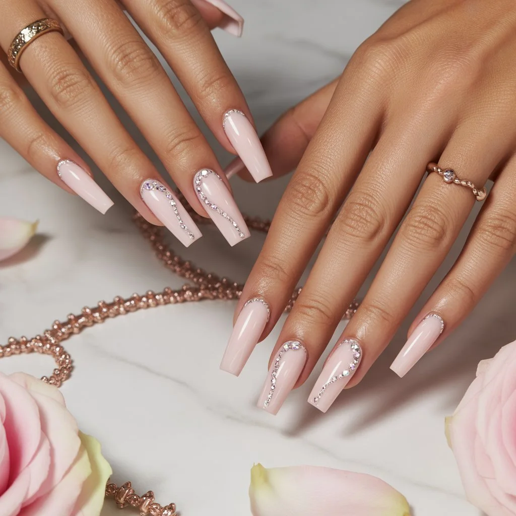 Baby Pink Crystal Accent Nails