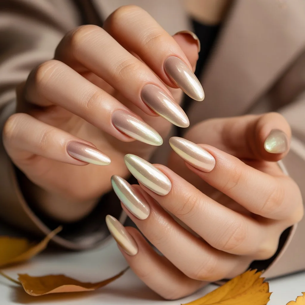 Beige Chrome Nude Nails