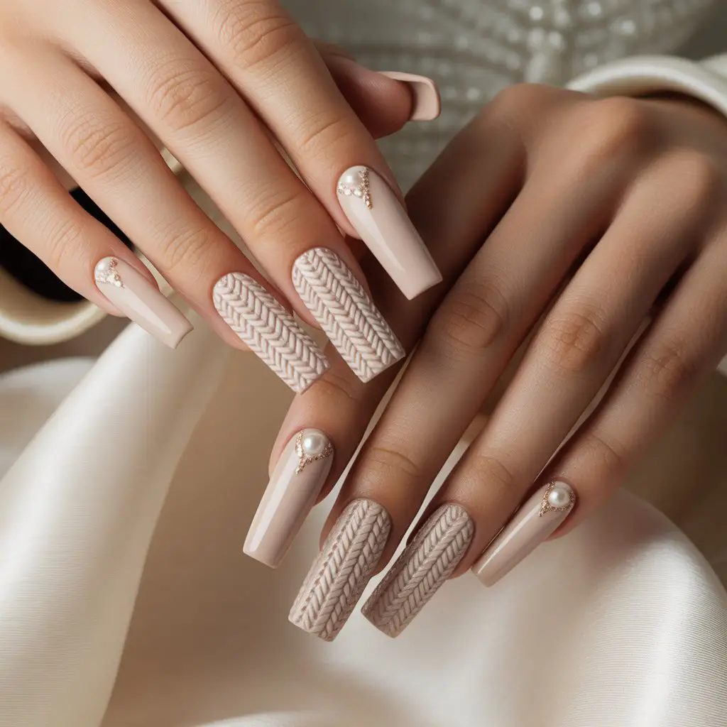 Beige Knit Texture Accent Nail