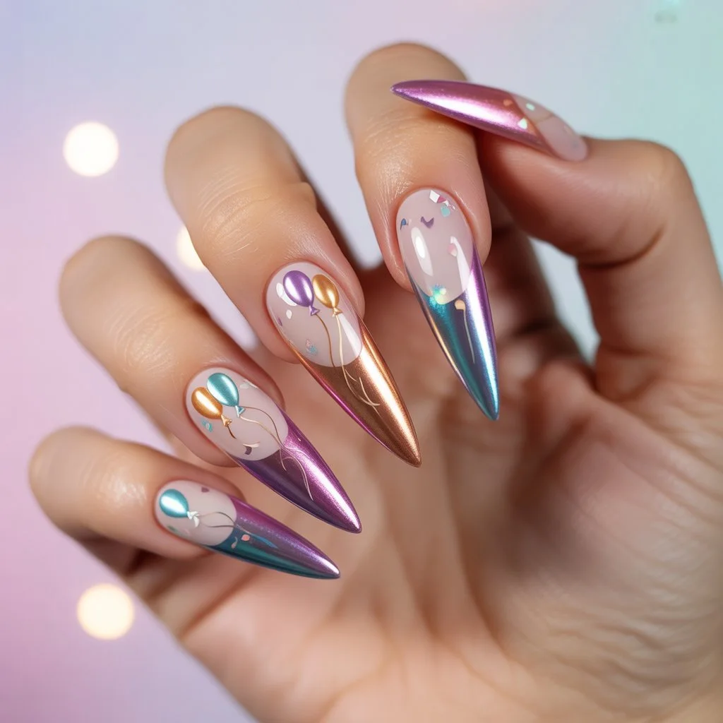 Birthday Balloon Chrome Tips Nail