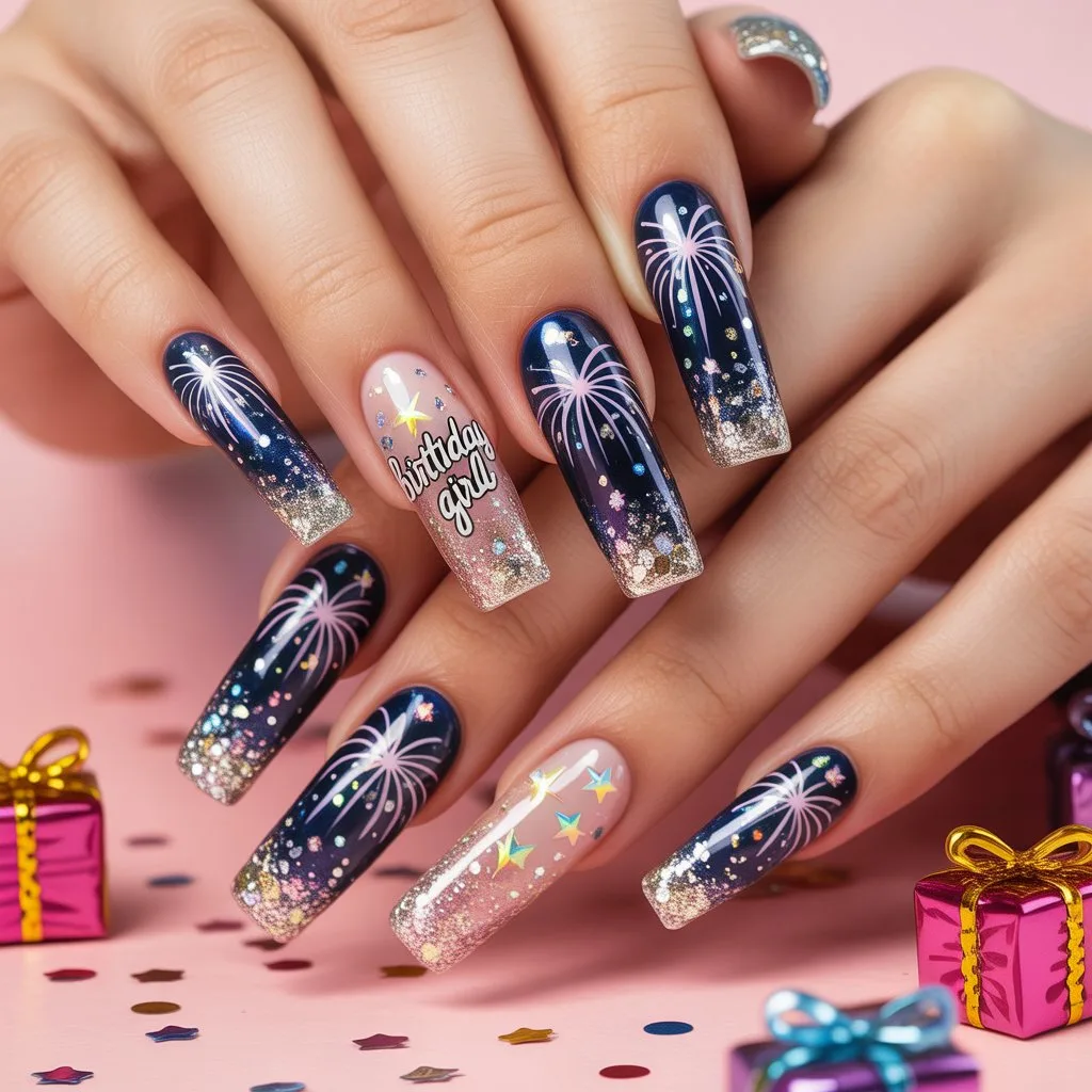 Birthday Firework Glitter Nails