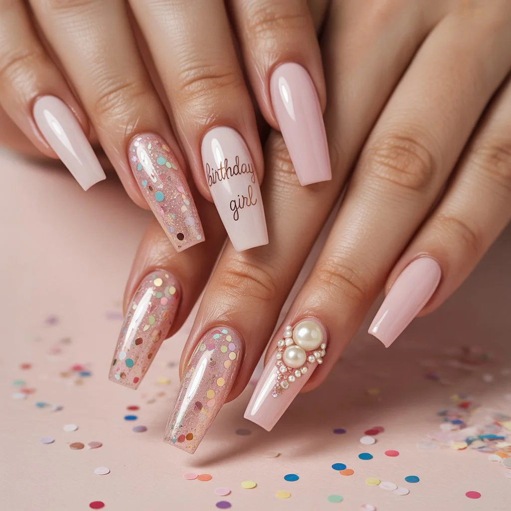 Birthday Pink Confetti Nails