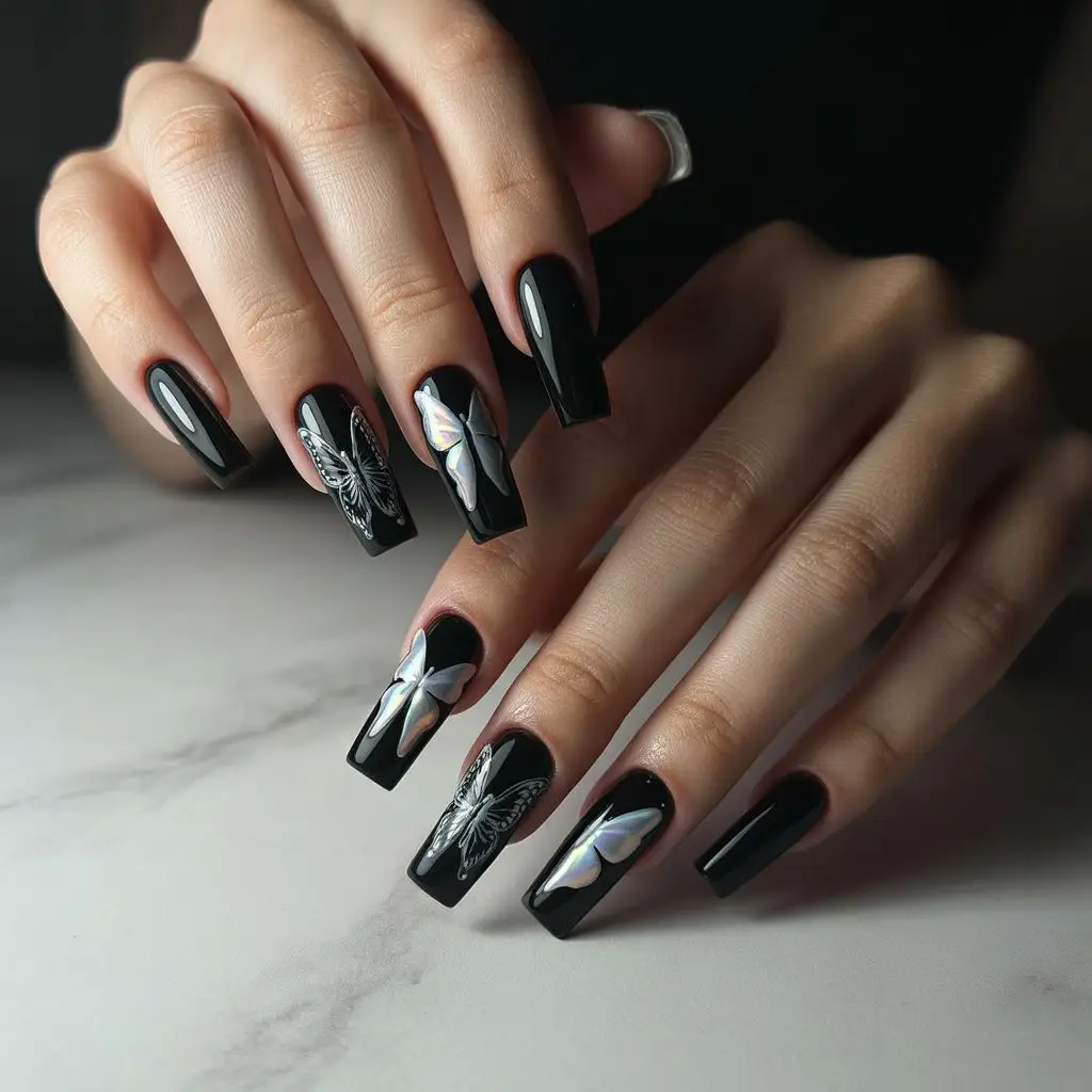 Black Butterfly Accent Nails