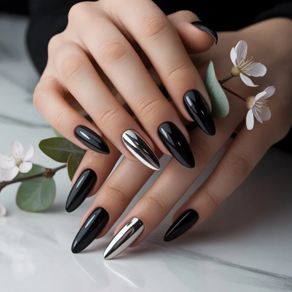 Black Chrome Accent Nails