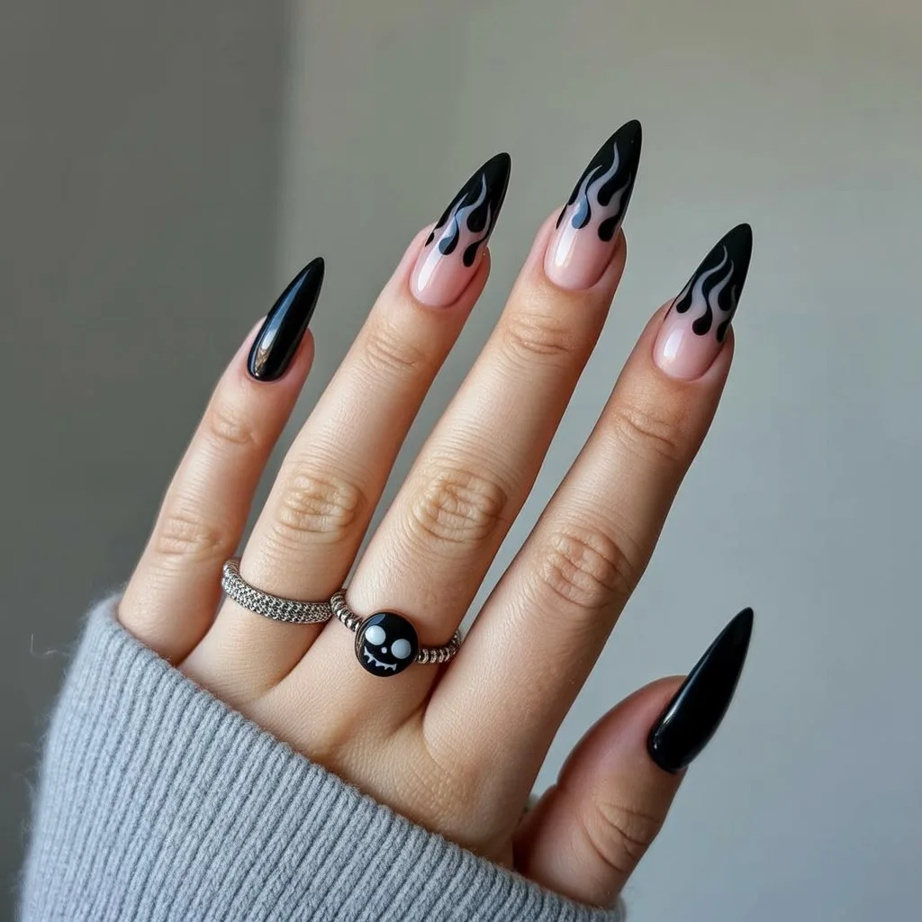 Black Flame Halloween Nails