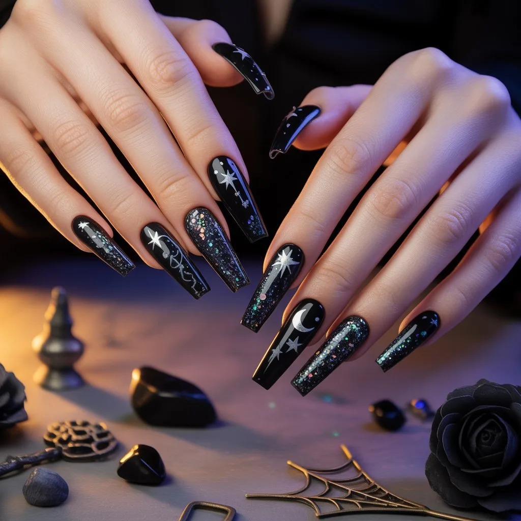 Black Glitter Witchy Nails