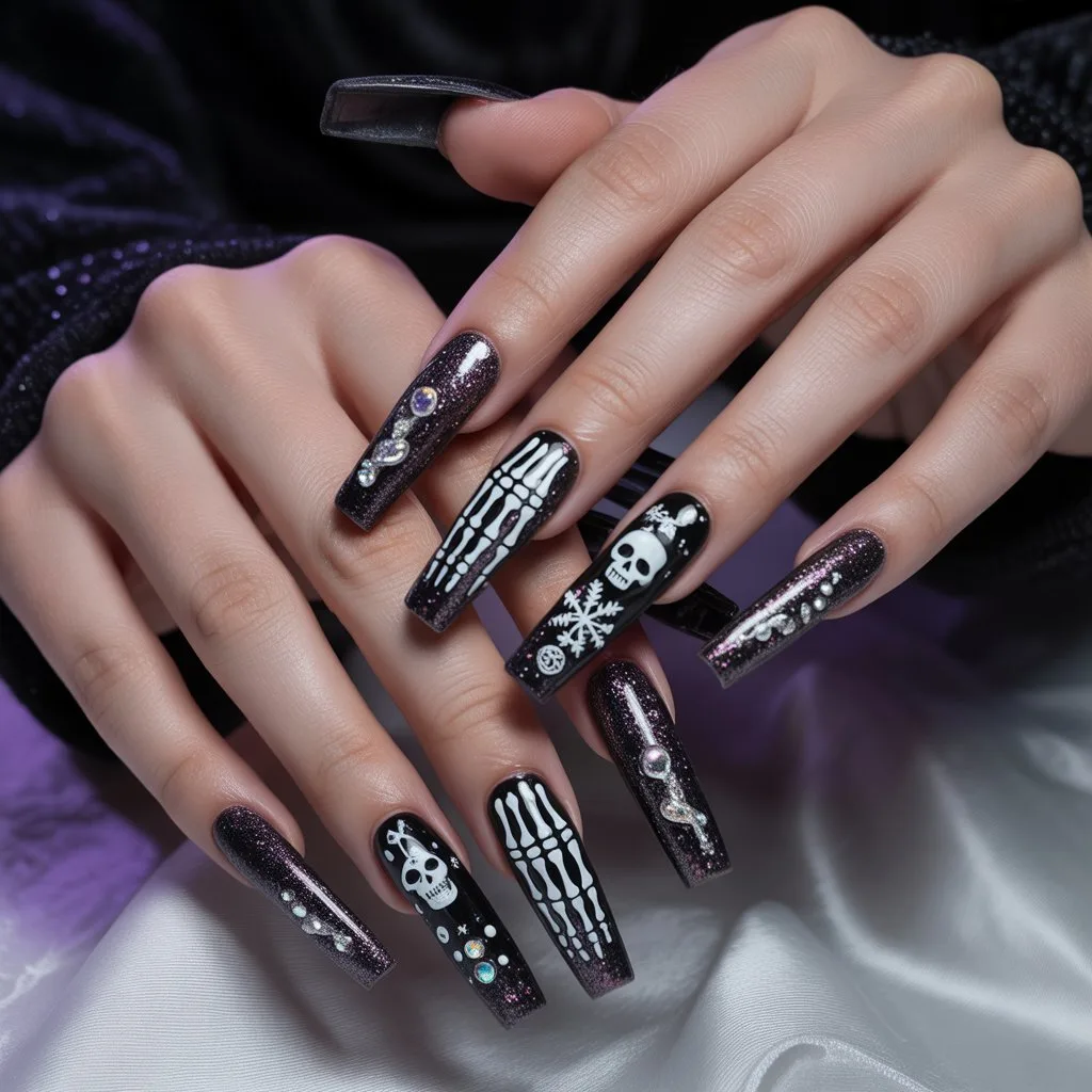 Black Glittered Skeleton Nails