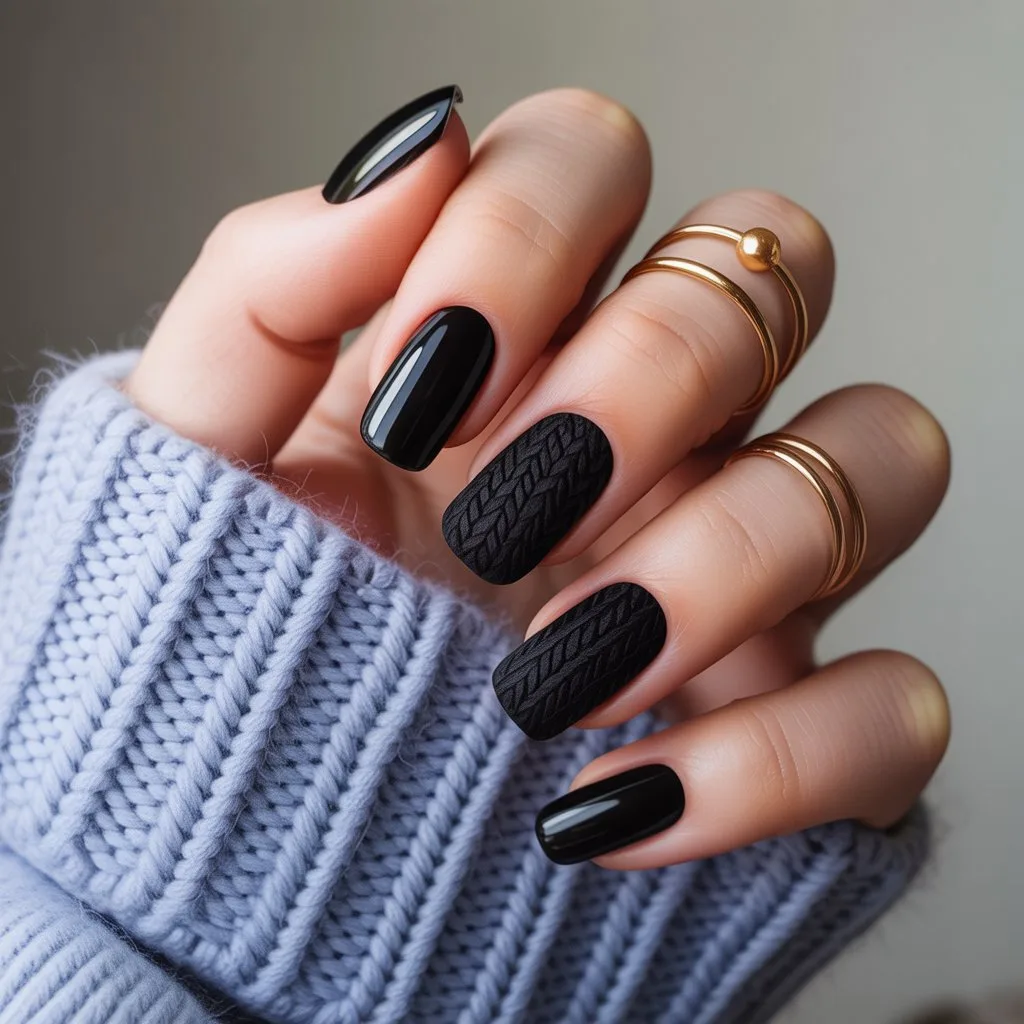 Black Knit-Texture Accent Nails