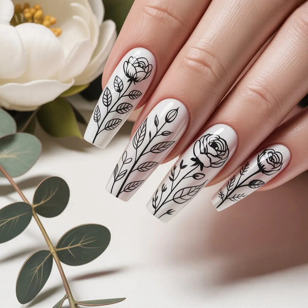 Black Line Art Florals Nail