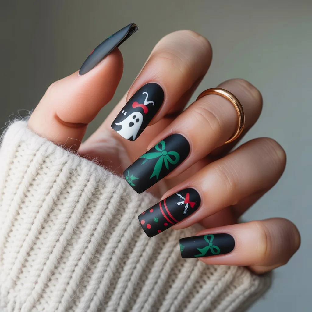 Black Matte Holiday Ribbon Nails