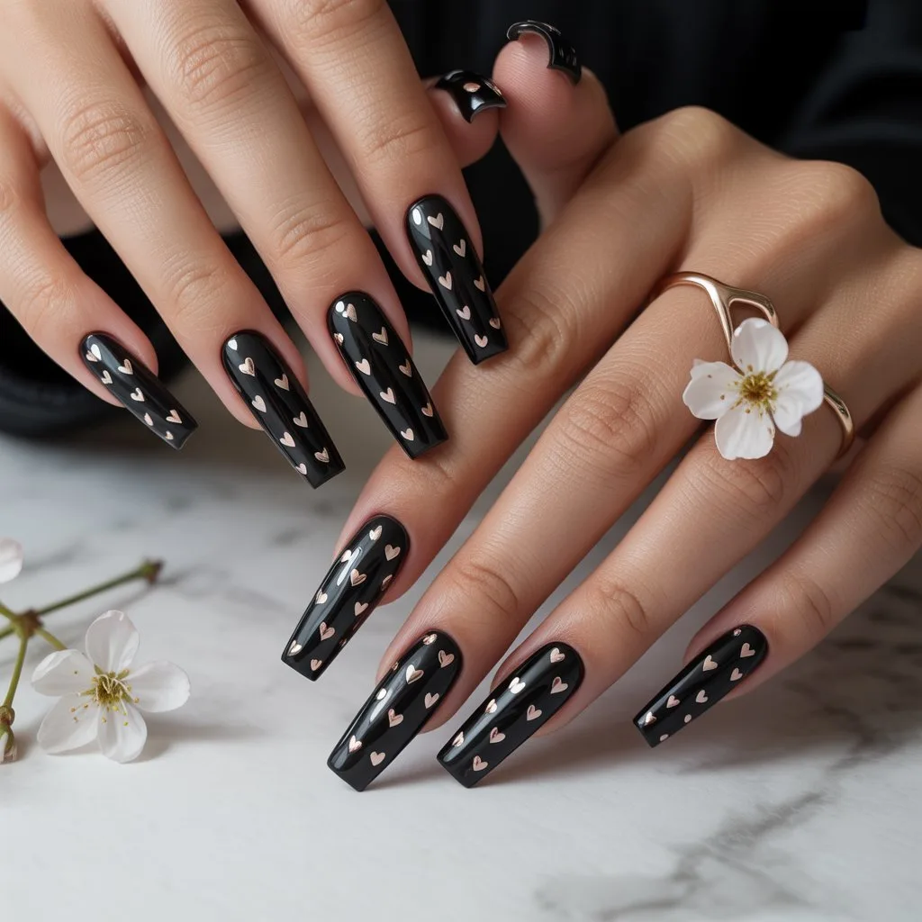 Black Micro-Heart Nails