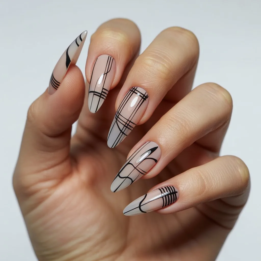 Black Micro-Line Gel Nails