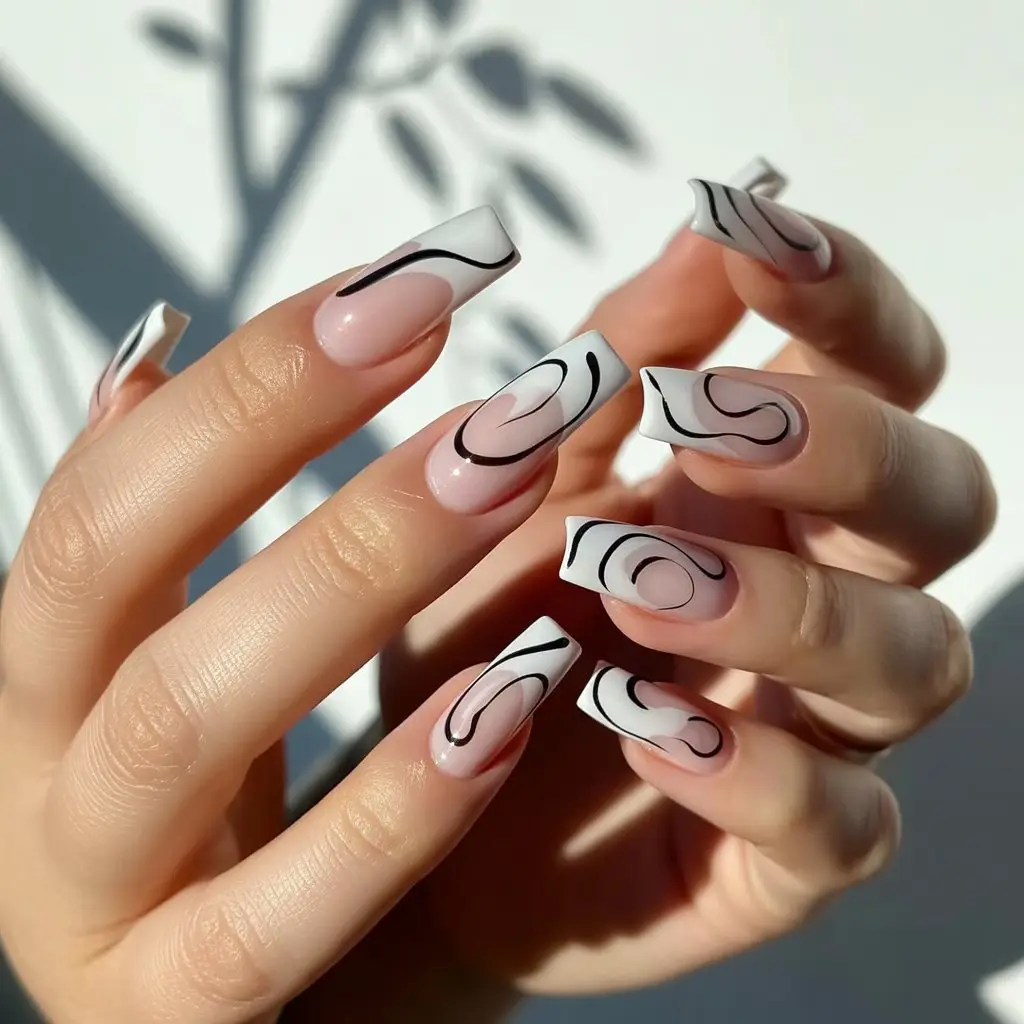 Black Outline Swirl Nails
