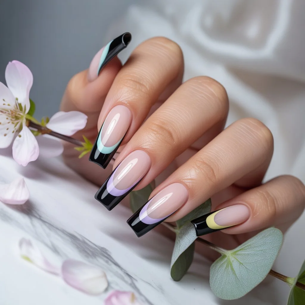 Black & Pastel French Tips Nail