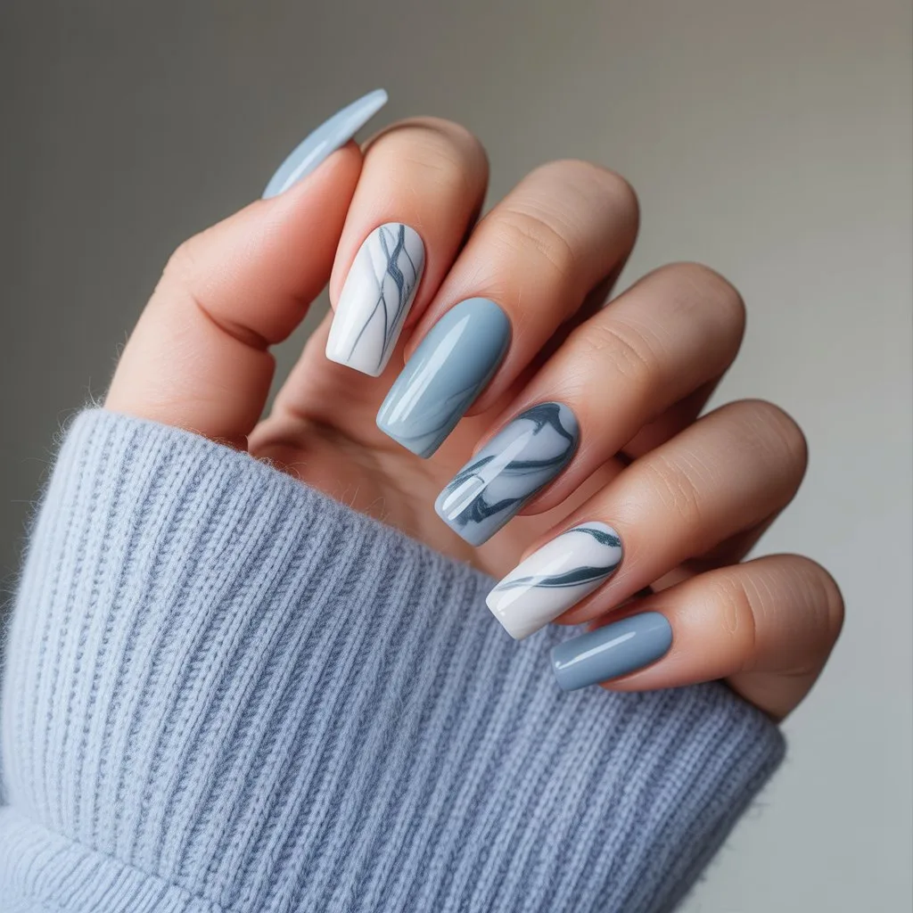 Blue-Grey Marble Winter Nails