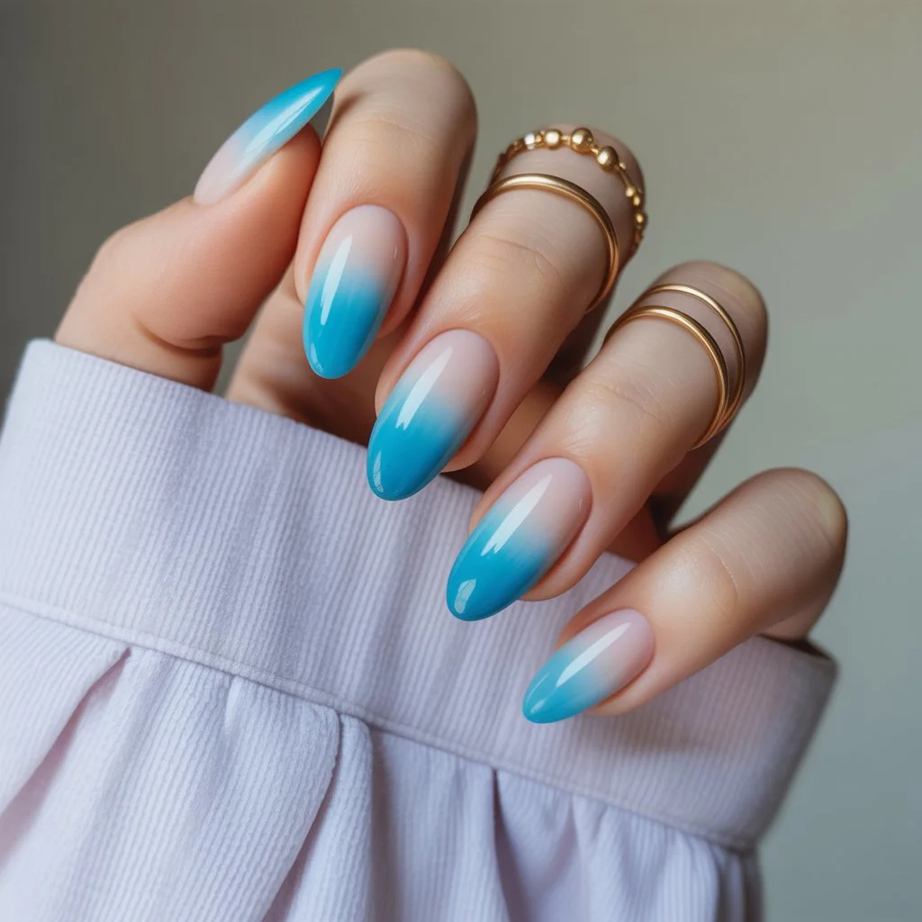 Blue Lagoon Almond Ombre Nails