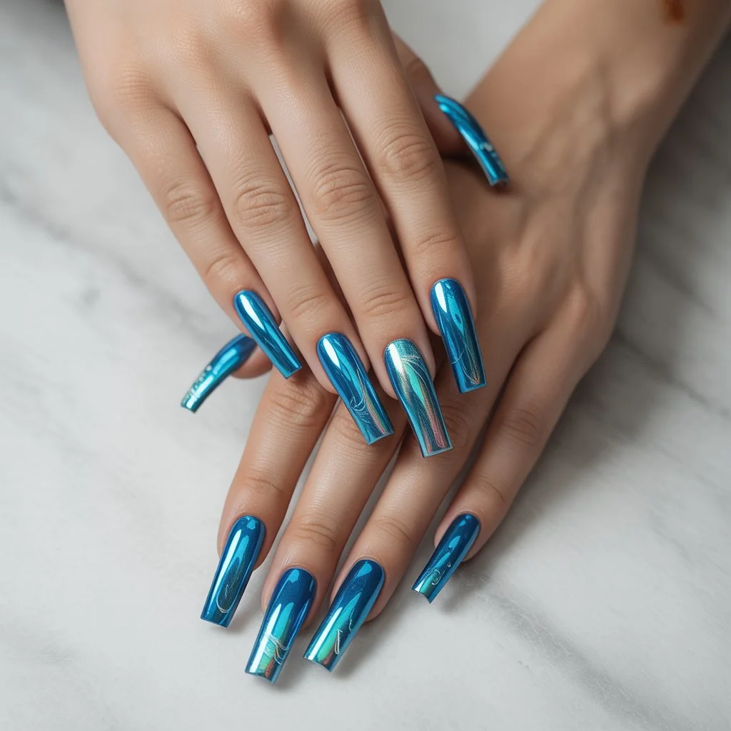 Blue Lagoon Chrome Gel Nails