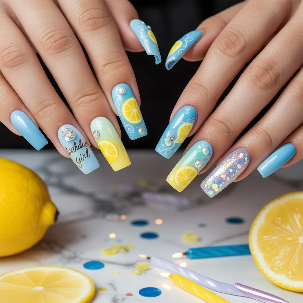 Blue Lemonade Birthday Nails