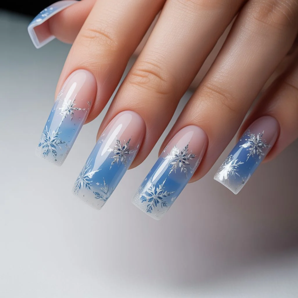 Blue-White Gradient Snowflake Tips Nail