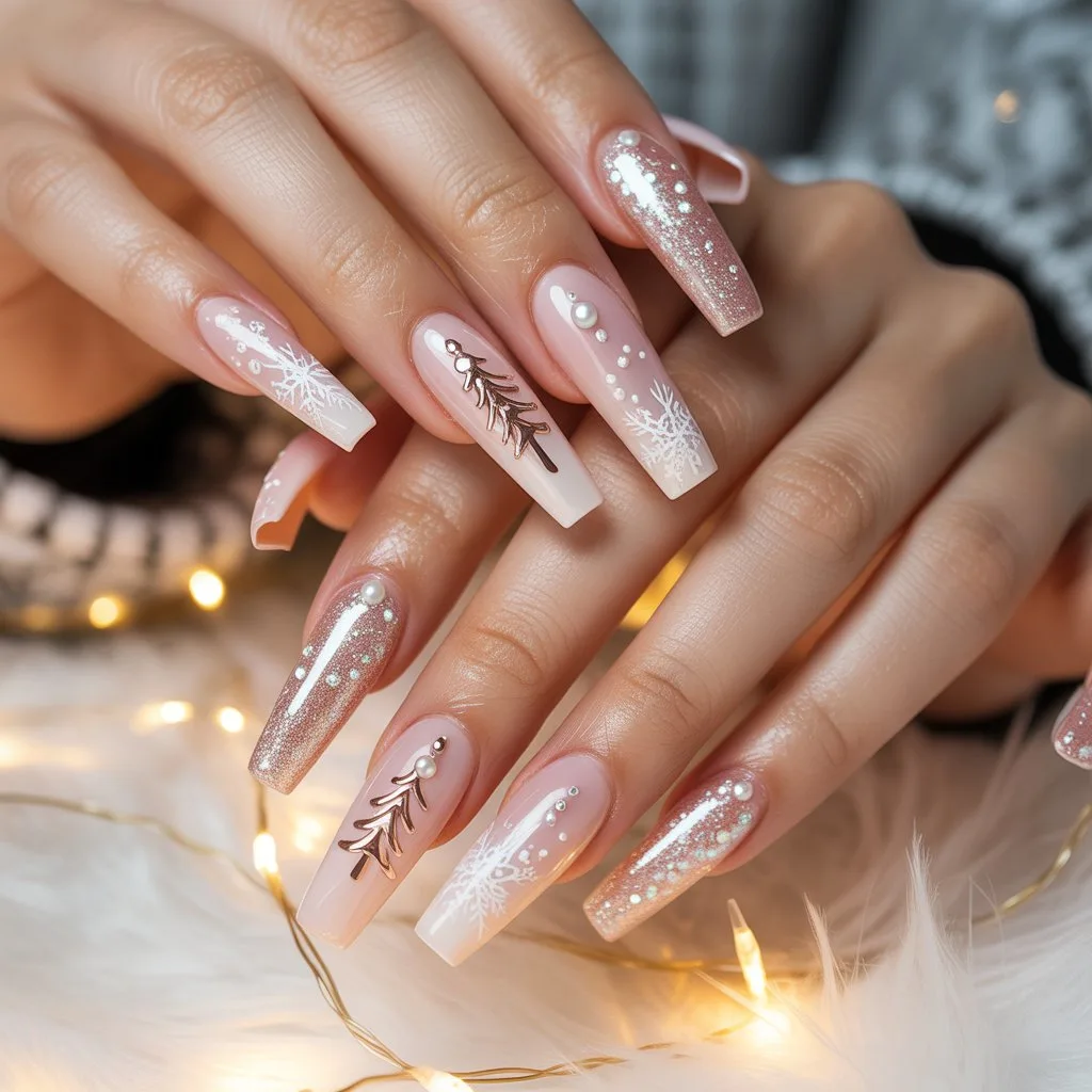 Blush Pink Christmas Sparkle Nails