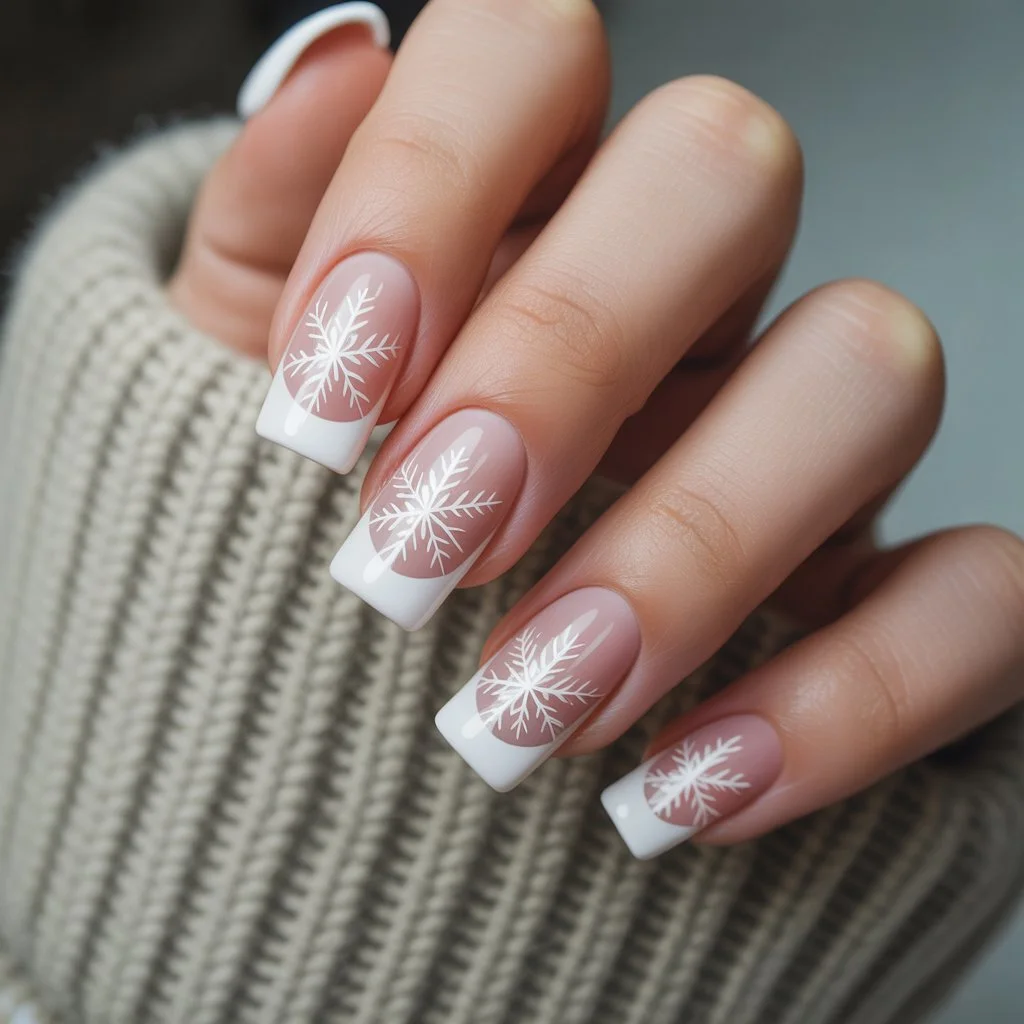 Blush-White Winter French Nails