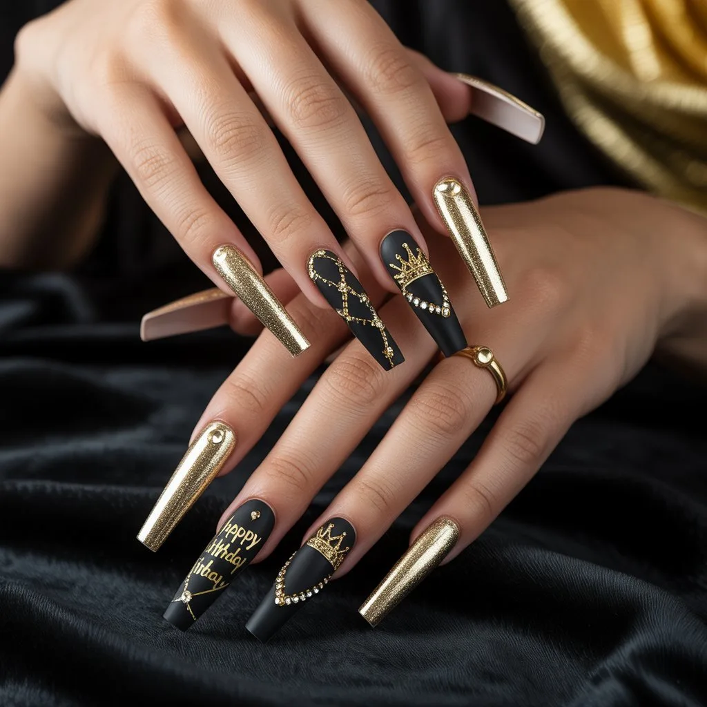 Bold Black & Gold Birthday Nails