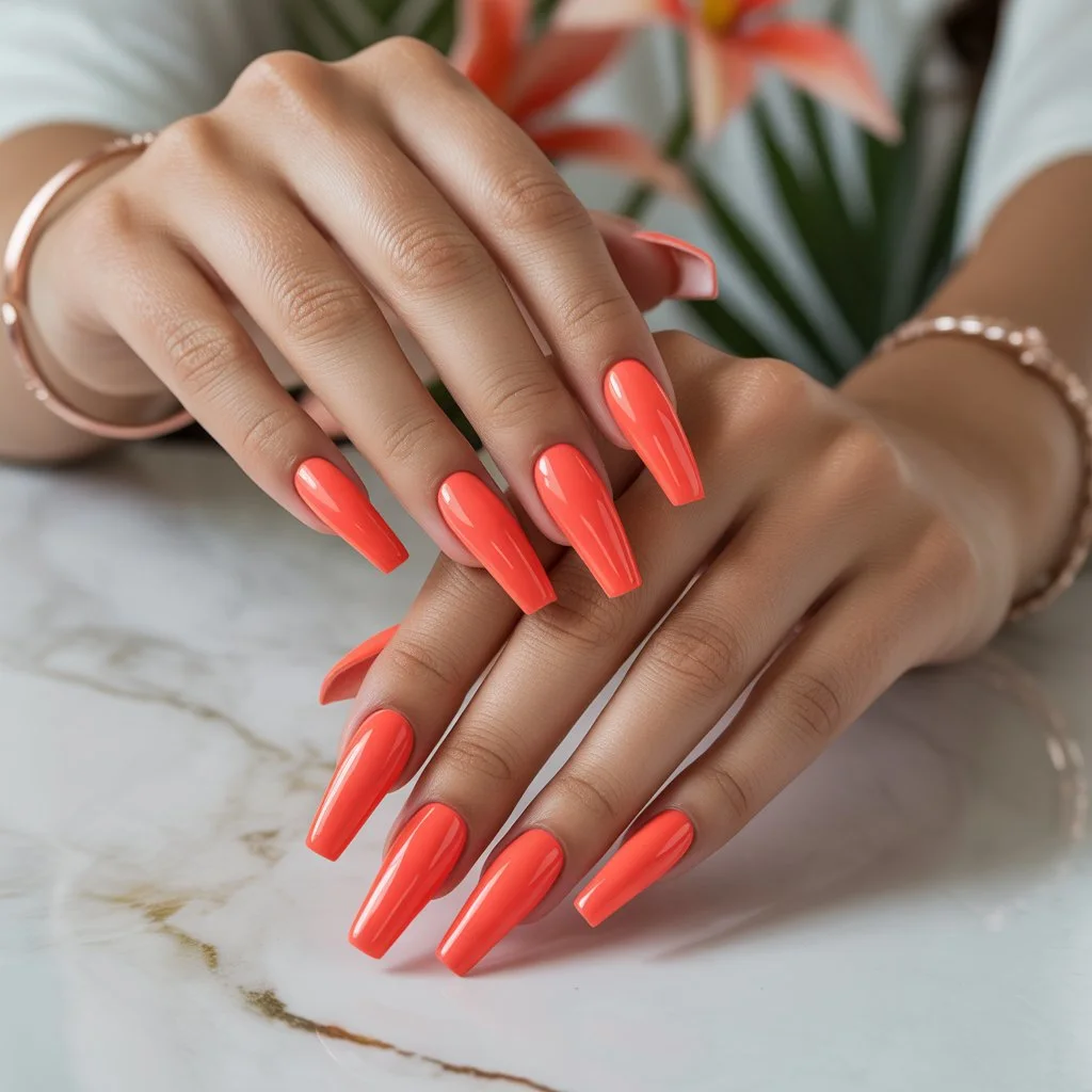 Bright Coral Shine Gel Nails