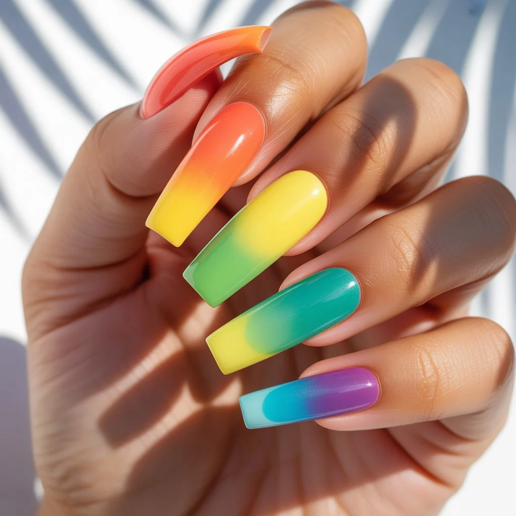 Bright Tropical Rainbow Ombre Nails