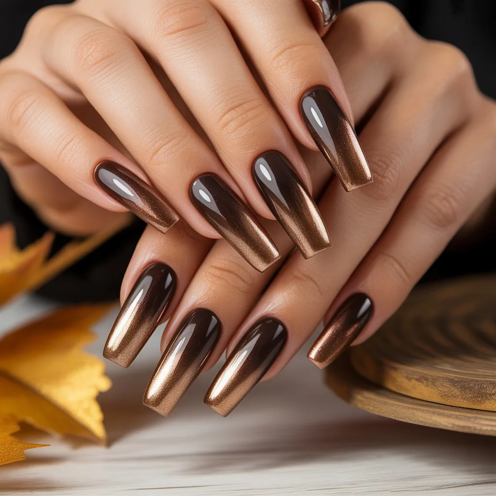 Bronze-Brown Metallic Fade Nails
